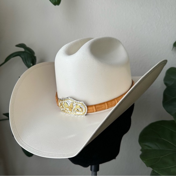 Old Stone cowboy hat straw tan western gold silver band 100x - Picture 11 of 12